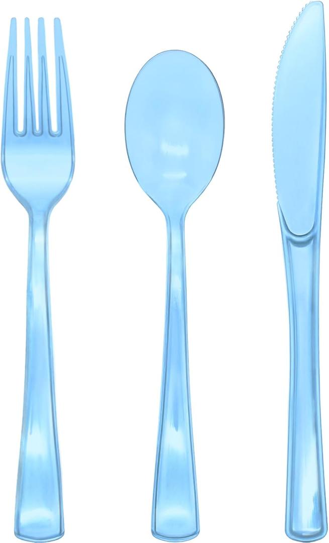 150 Pieces Blue Plastic Silverware, Clear Blue Cutlery Heavy Duty, 50 Forks, 50 Knives, 50 Spoons for Birthday Wedding Baby Shower Boy