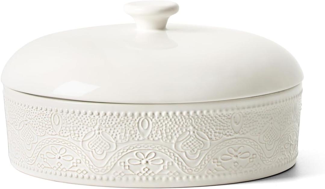 FE Ceramic Tortilla Warmer,Lace Emboss 8.8 Inch Tortilla Holder with Lid for Taco Tuesday, Mexican Night and Party,Taco Bread Pancake,Tortilleros Para Las Tortillas Caliente (Bright White)