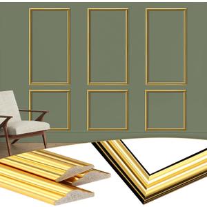 3 Set Gold Peel and Stick Wall Molding Kit 6 Frame Premade Wainscoting Accent Panel Ready to Assemble 3D Wall Panels Trim for Interior Mirror Home Molding Decor, 54 x 24 Inch