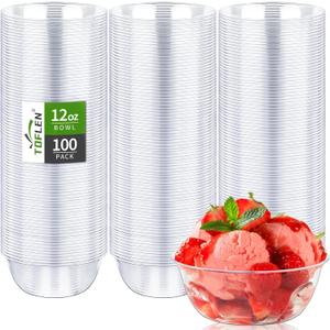 TOFLEN 12 oz Clear Plastic Bowls, 100 Pack Disposable Small Hard Plastic Serving Bowls for Party, Ice Cream, Dessert, Fruit, Appetizer, Soup, Snack, Home or Event Party Supplies