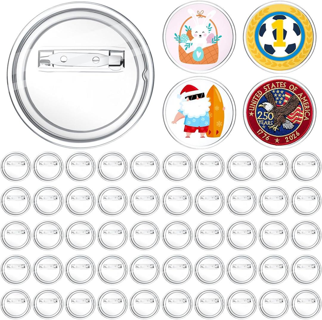 Chinco 50 Pack Acrylic Clear Button Pins Badge Clear Custom Button Pins Kit Blank Photo Bulk Make Your Own Buttons for DIY Craft Supplies(2.25 Inch)
