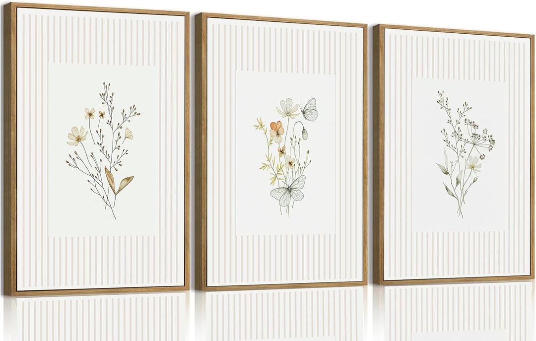 MTFBWY Framed Neutral Botanical Flower Wall Art Painting Set of 3, Beige Minimalist Striped Floral Prints, Scandinavian Boho Plant Pictures for Living Room Bedroom Bathroom Home Decoration 16x24in
