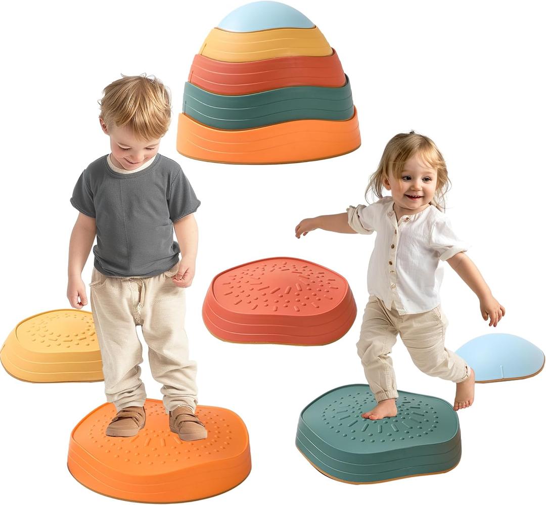 Balance Stepping Stones for Kids 5pcs Non-Slip River Stones Obstacle Course Play Indoor and Outdoor Coordination Game Sensory Toys Toddler Ages 3 4 5 6 7 8+ (Classic)