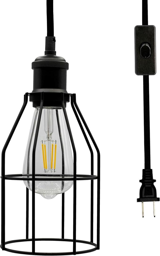 Creative Hobbies Industrial Hanging Pendant Light with Plug-in Cord | Vintage Wire Cage Lamp for Various Spaces | 15' Cord with On/Off Switch | Matte Black