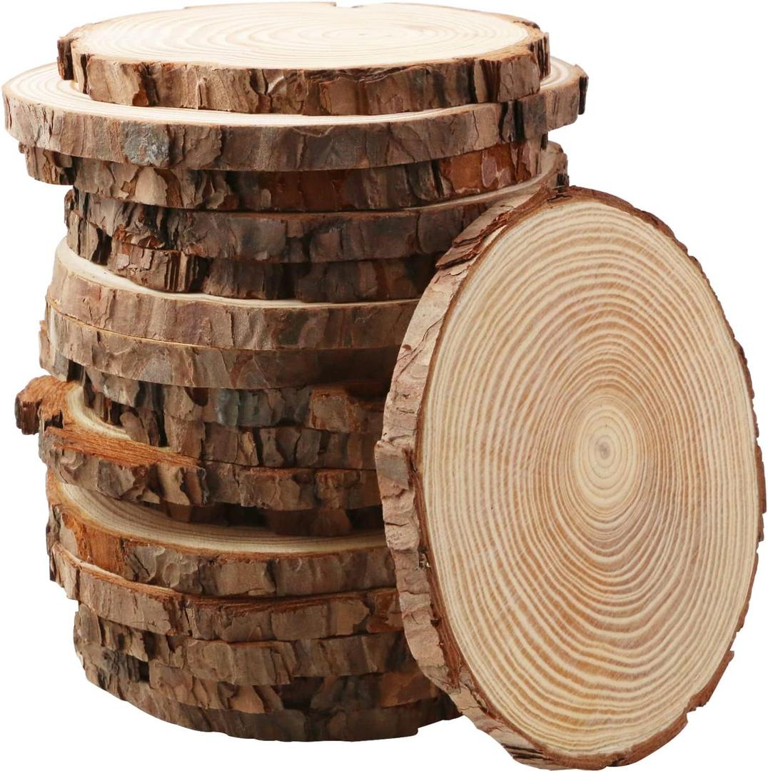 FSWCCK 17 PCS Unfinished Wood Slices for Centerpieces - 5.1-5.5 Inch,Round Natural Discs with Tree Bark, Wooden Cookies Circles for Crafts Christmas Ornaments, Rustic Wedding Decor,Table Decoration