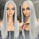 BLL Grey Lace Front Wig, 13x4 Silver Synthetic Wig Pre Plucked Small Knots Ready to Wear Long Straight Gray Glueless Wigs For Black Women Natural Density 26inch Suitable For Daily Party Wear