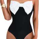 WDIRARA Women's Bowknot Strapless One Piece Swimsuit Colorblock Bandeau Bathing Suit with Removable Strap (Black, M)