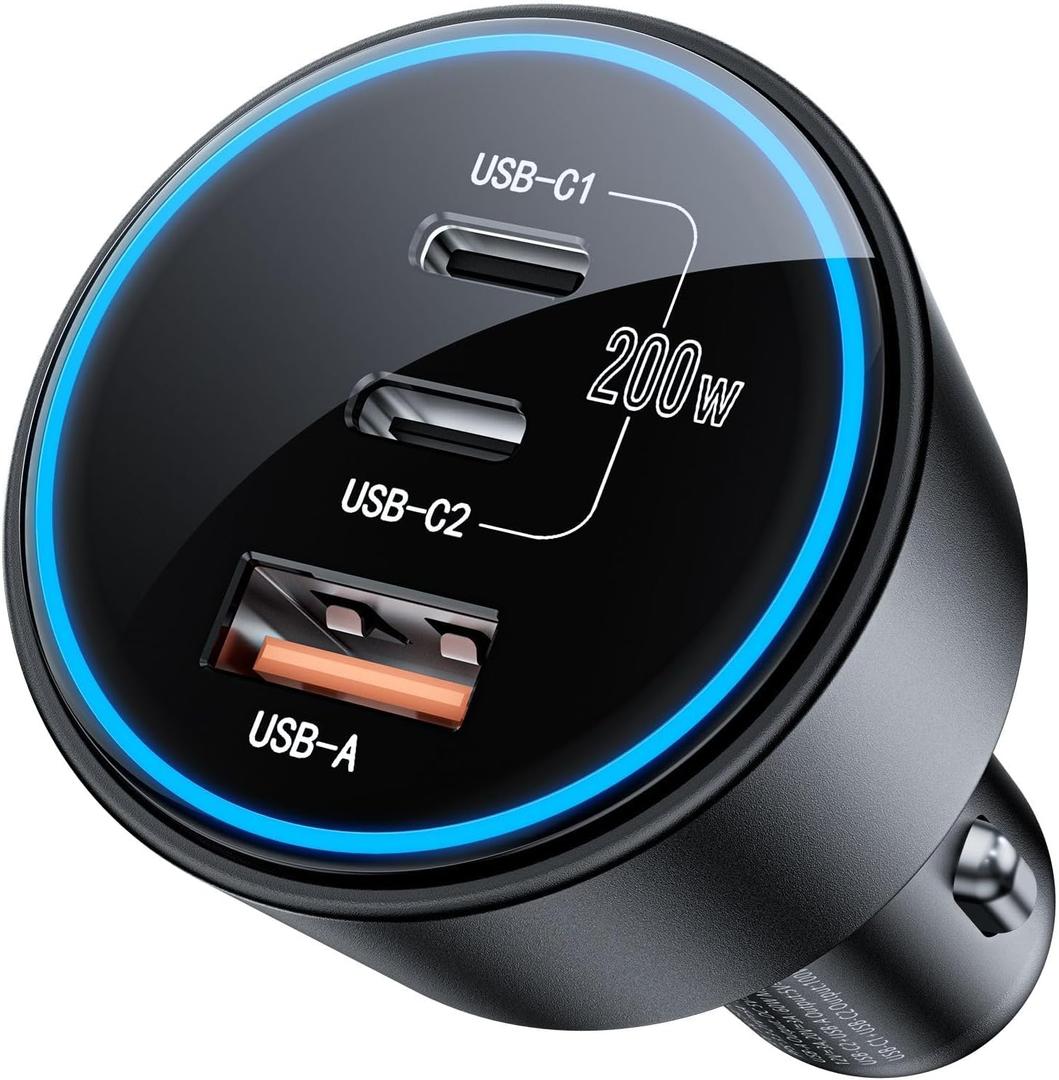 USB C Car Charger Fast Charging 200W, Dual PD 100W Type C Car Charger, PD3.0/QC4.0/PPS Cigarette Lighter Adapter for iPhone 16/15/14/13/12, Galaxy S22/S21 Ultra, MacBook, Laptop etc