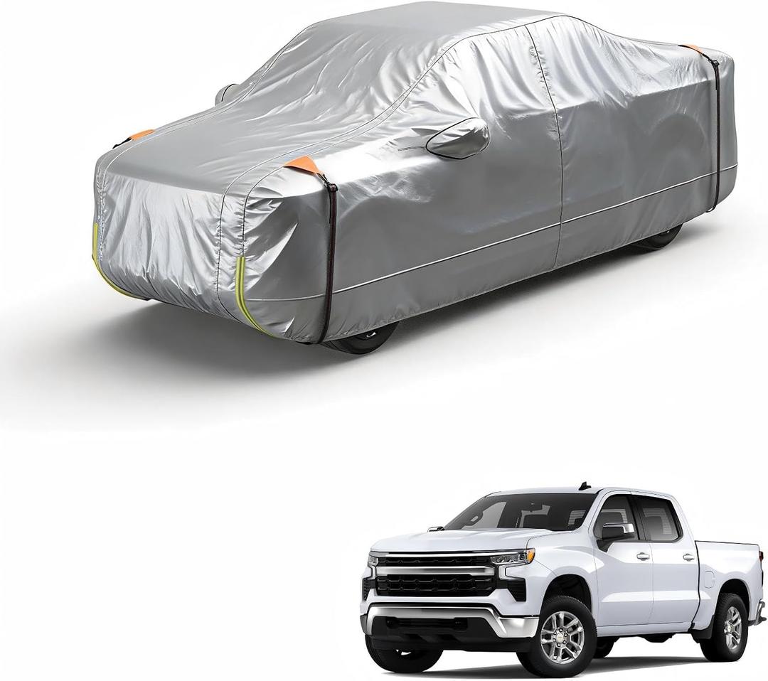 Wigoo Chevrolet Silverado 1500 Truck Car Cover Accessories 2019-2026, Custom Fit Waterproof All Weather Outdoor Full Pickup Cover, Windproof UV Rain Snow Dust Protection, Door Zipper, Breathable Desig