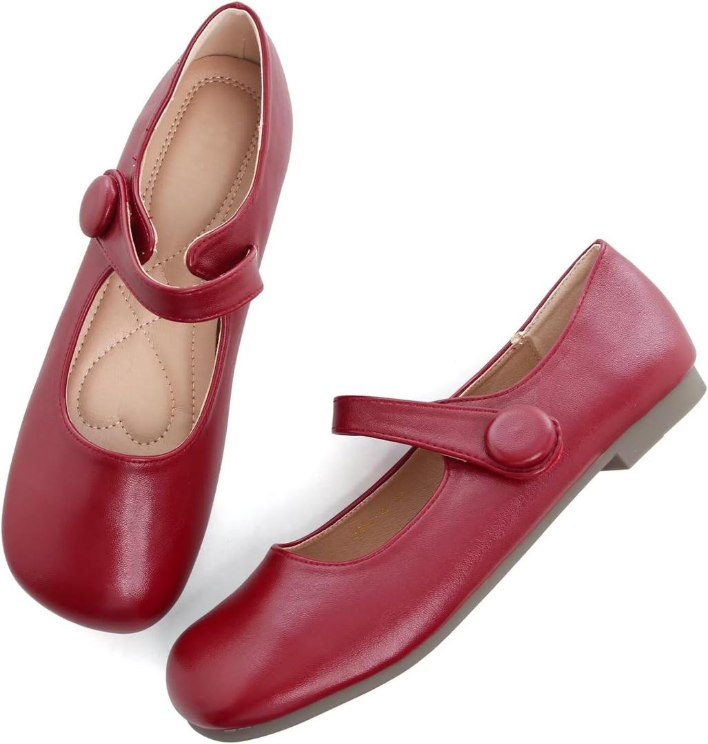 LUXINYU Mary Jane Flats for Women Dressy Retro Square Toe Ankle Strap Ballet Flats Comfortable Patent Leather Shoes (6.5, 2583-Wine Red)