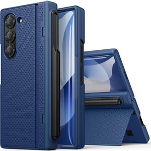 for Samsung Galaxy Z Fold 6 Case with S Pen Holder, Slim Fit with Stand, Tempered Screen Protector & Hinge Protection, Rugged Hard Full Body Protective Phone Case for Galaxy Z Fold 6 5g, Blue