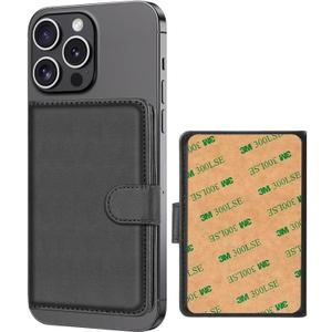 Leather Wallet Card Holder, Phone Card Holder with RFID Blocking ID Window for iPhone Android Phones & Cases (Black)