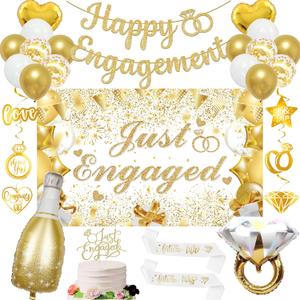 Vlipoeasn Gold Engagement Party Decorations for Couple, Just Engaged Backdrop Banner, Cake Topper, Honeycomb, Hanging Swirls