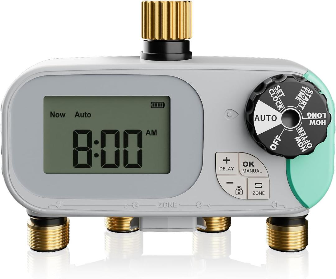 QUOBAS 4 Zone Water Timer, Programmable Sprinkler Timer for Garden Hose with Rain Delay/Manual/Automatic Irrigation System, Outdoor Watering Timer for Lawn, Yard, Garden, Pool