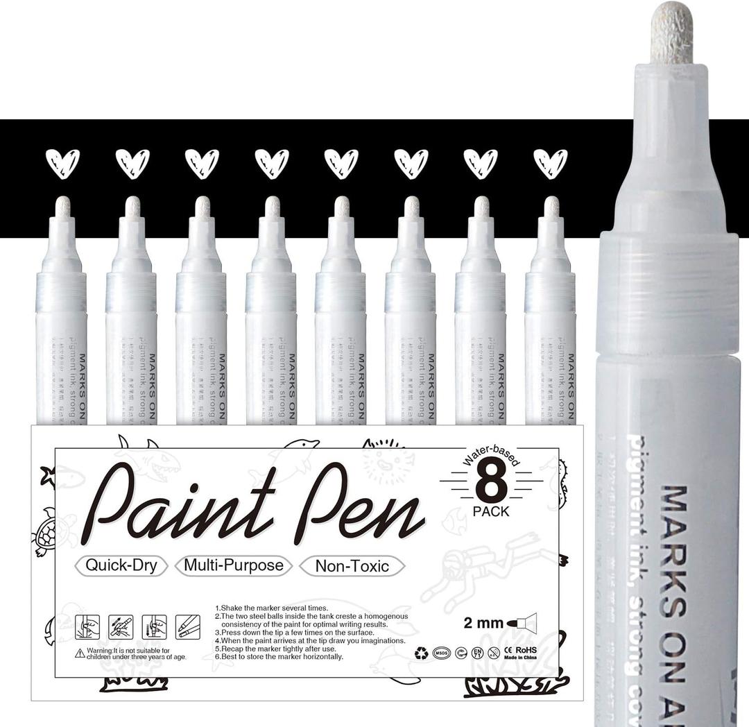 AKARUED White Acrylic Paint Markers, 8 Pack Acrylic White Paint Pen Sets for Rock Painting, Wood, Stone, Glass, Ceramic, Paper, Drawing, Art Projects, DIY Crafts, Water-Based ink, 2-3mm Medium Tip