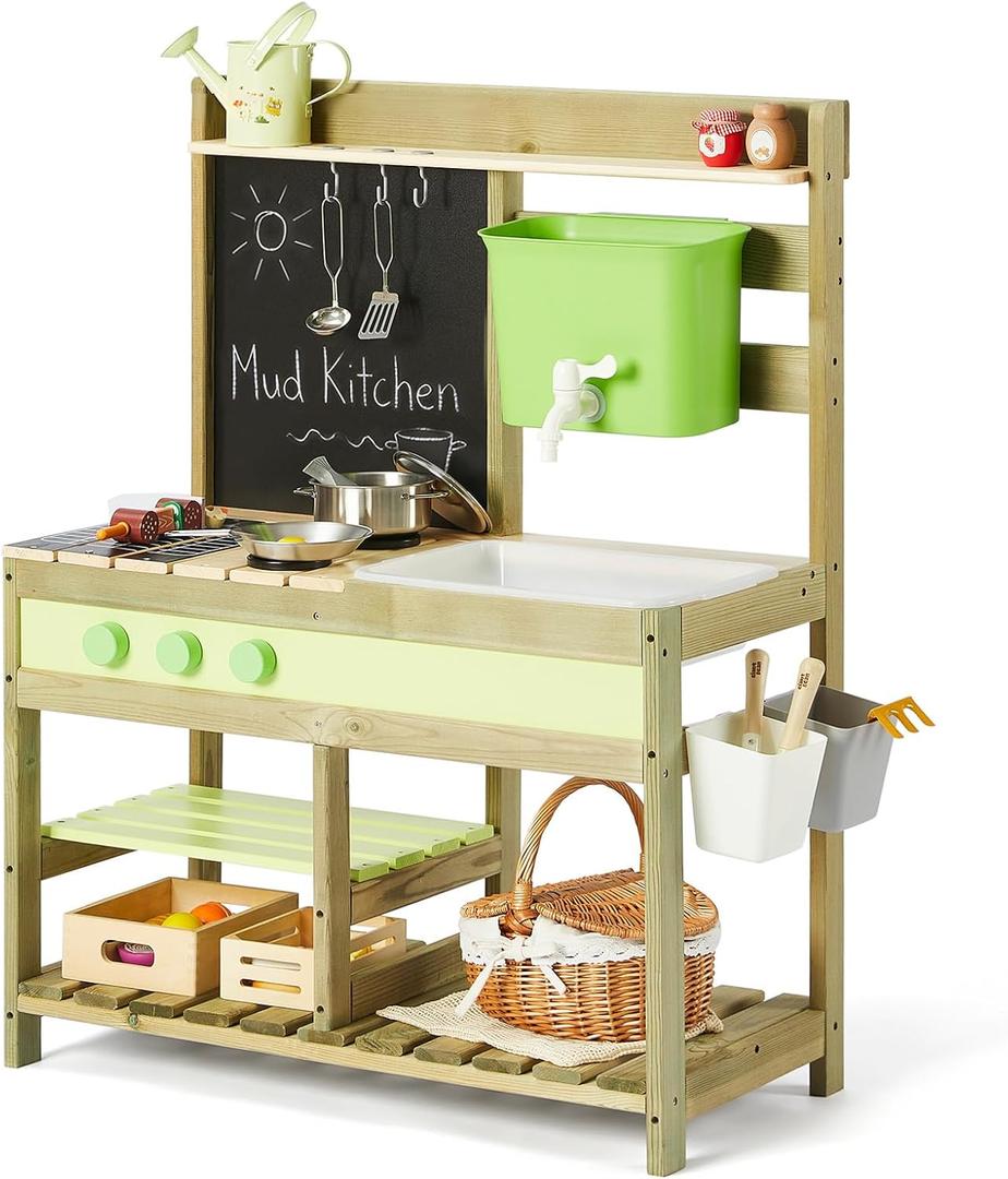 Giant bean Mud Kitchen for Kids Outdoor, Wooden Kitchen Playset with 4.8L Large Water Tank Sink, Sand and Water Table Toy with Pots, Pans & Kitchen Accessories, Pretend Playset for Boys Girls 3+
