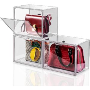 Purse Organizer for Closet, Purse Storage Organizer for Handbag Organizer, Clear Acrylic Display Case with Magnetic Door, Plastic Storage Bins for Book, Collectibles, Cosmetic (3 Pack)