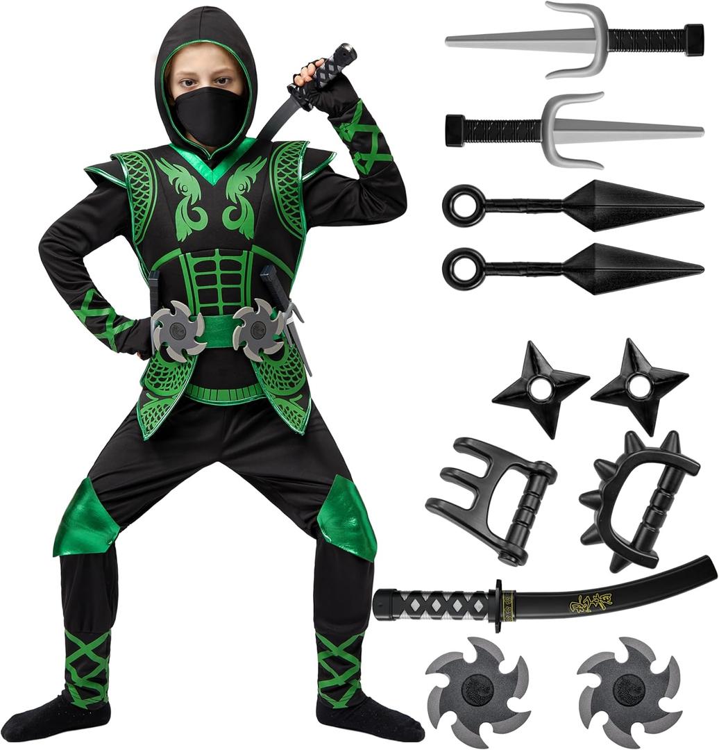 Spooktacular Creations Green Ninja Costume Set, Ninja Jumpsuit with Foam Accessories for Kids, Toddler Halloween Outfit for Ideas Cosplay Party (S, 5-7 yrs)
