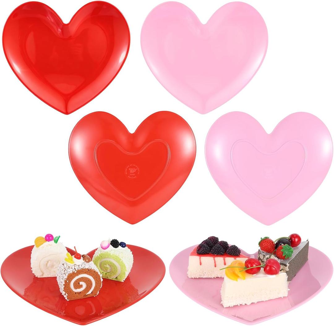 4 PCS 11" Heart Shaped Plates Valentines Day Decorative Ceramic-Like Salad Dessert Plates Unbreakable Dishes Heart Serving Trays for Valentine's Party Anniversary Dating Wedding (Red & Pink)