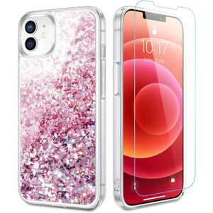Caka Glitter Case for iPhone 12/12 Pro for Women Girls, Bling Sparkle Liquid Phone Cover with Screen Protector, Sparkly Girly Flowing Floating Moving Quicksand Accessories - Pink
