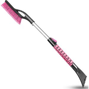HEEYA Ice Scraper and Brush for Car, Extendable Snow Brush and Ice Scraper for Car Windshield Window, Car Snow Scraper and Brush with Foam Grip for SUV Truck Automobile Vehicle - Pink (33 Inch)