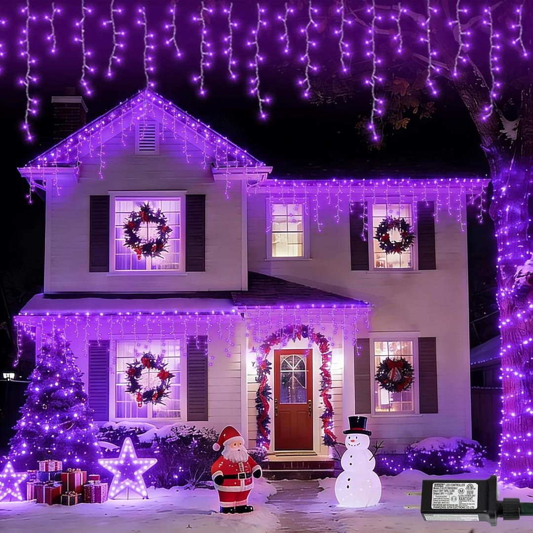 YEGUO 66ft 800 LED Purple Icicle Christmas Lights Outdoor Waterproof, 160 Drops Icicle Light Connectable, 8 Modes Christmas Lights with Memory Timer