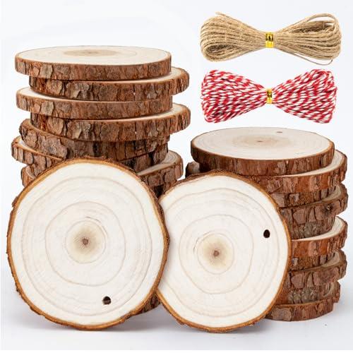 Sukh 20PCS Christmas Natural Wood Slices - Unfinished Wood Slices 2.7-3.1 Inches Wood Circles Predrilled with Hole Wood Circles Kit Wood Discs for DIY Christmas Ornaments,Arts,Crafts