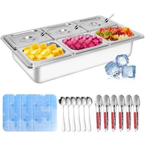Countertop Ice Food Serving Display Tray with 6 Pan, Portable Salad Bar Buffet Station for Home, Cold Food Buffet Server, Pizza Topping Station, Cold Buffet Table Serving Station for Party