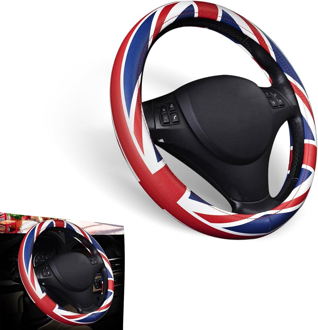 2 PC Car Steering Wheel Cover, 38cm British Flag Design Breathable Leather Rubber Inner Ring Steering Wheel Cover, Personalized Modification Accessories, Suitable for Most Models (Red & Blue)