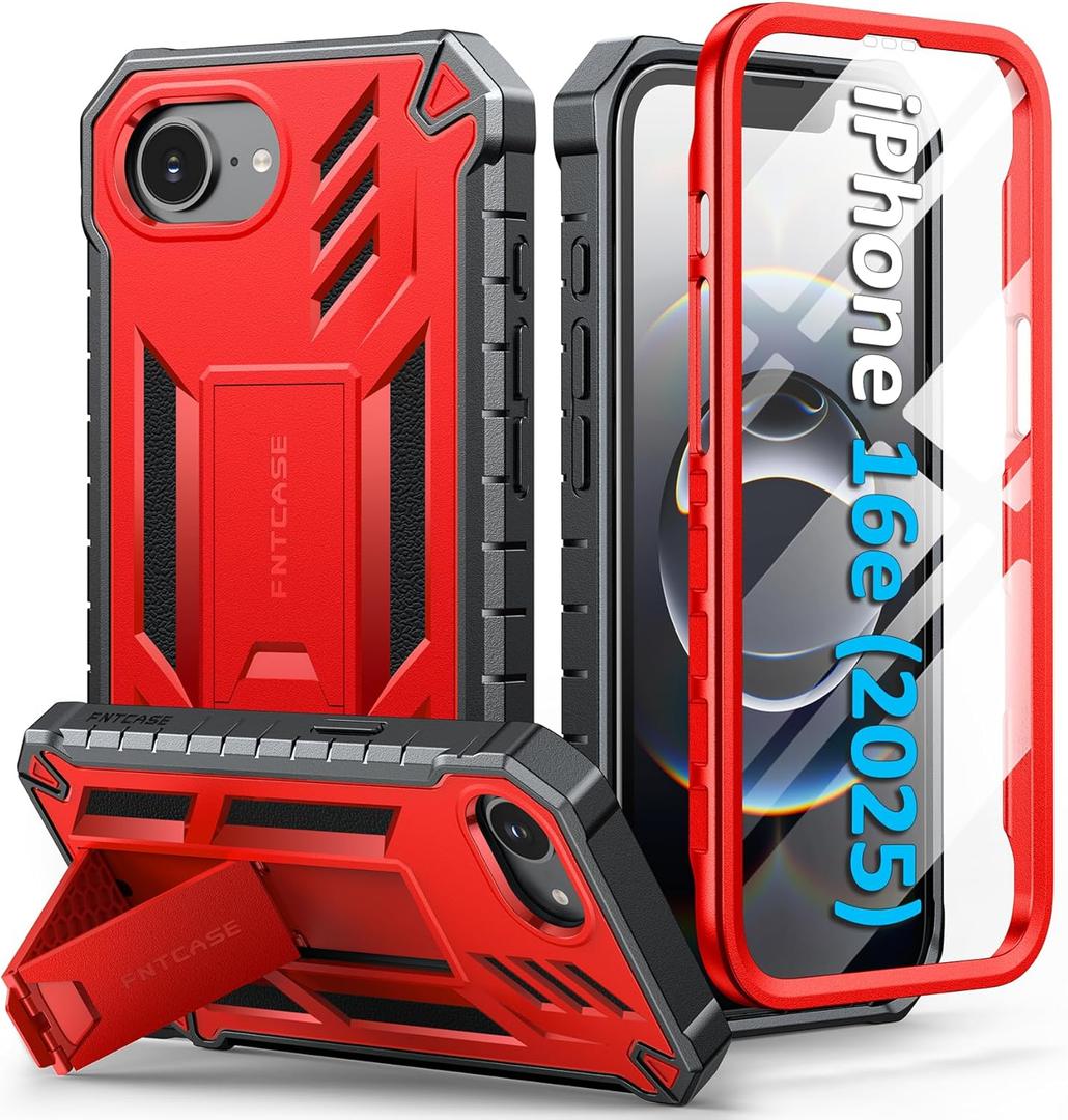 FNTCASE for iPhone 16e Phone Case: Military Grade [Built-in Screen Protector] [Kickstand] Matte Textured Drop Proof Protection Cover | Rugged Shockproof TPU Protective Sturdy Cases 2025 - Red