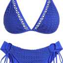 ZAFUL Women's Halter Triangle Bikini Set Crochet Boho Floral Swimsuit Cut Out Tie Side Two Piece Bathing Suit (Blue)