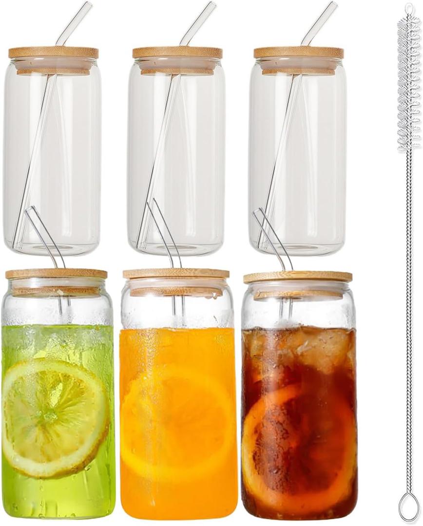 Castuvy Drinking Glasses with Bamboo Lids and Glass Straw, 16 Oz Glass Cups for Coffe, Beer, Cute Tumbler Cup for Soda Boba Tea Cocktail, coming 2 Cleaning Brushes, Pack of 6