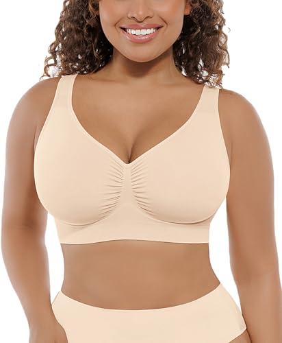 FeelinGirl Bras for Women No Underwire Seamless Stretchy Lift Lightly Bralette Plus Size Womens Wireless Bra Beige 3XL