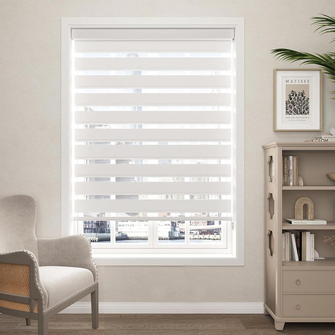 Zebra Blinds for Windows (47" W x 72" H, White) Zebra Roller Window Shades, Corded Dual Layer Light Filtering Privacy for Day and Night, Light Control and Protecting Privacy for Home and Office