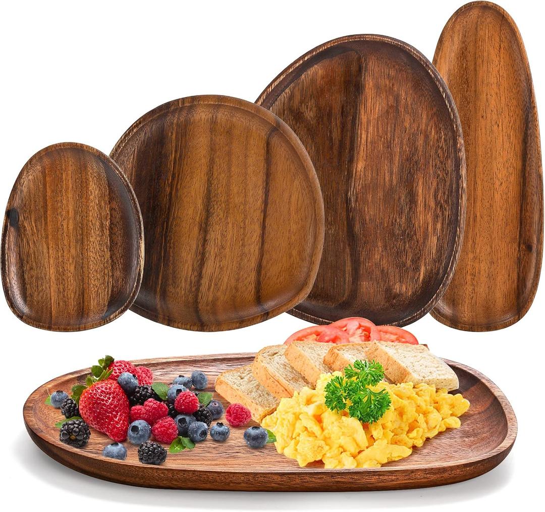 Okllen Set of 5 Acacia Wood Serving Platter and Trays, Irregular Oval Solid Wood Plates Serving Tray, Lightweight Wood Dinner Plates for Breakfast, Coffee, Tea, Snack, Plant, Housewarming Gift