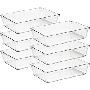 Ravinte 6 Pack Drawer Organizer - 6" X 9" Plastic Storage Bins, Acrylic Organizers with Non-Slip Pads Clear Desk Storage Tray for Makeup, Jewelries, Kitchen Utensils, Bathroom and Office