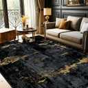 Washable Area Rugs 5'x7' Non-Slip Modern Abstract Soft for Living Room Entryway Bedroom Nursery, Print Pattern, Dark Black Gold