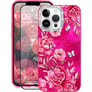for iPhone 13 Pro Max Case Glitter, with Screen Protector, Cute Rose Floral Design with Diamond Bling Lens Frame Protection Slim Fit Shockproof Protective Phone Cover for Women Girls -Red