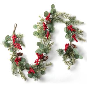 LOHASBEE Artificial Christmas Garland, 5 Feet Pine Cone Eucalyptus Garland with Red Berries, Bells & Greenery Glitter for Christmas Indoor Outdoor Garden Gate Front Door Home Wall Window Stair Decor