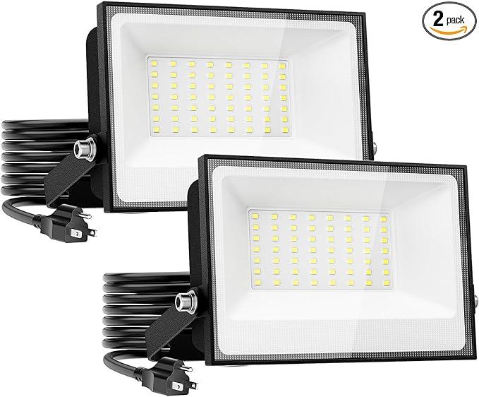 Onforu 40W Flood Lights Outdoor,4000lm Bright LED Work Light with Plug, 6500K Daylight White LED Flood Lighting, IP66 Waterproof Security Yard Lights for Garage Stadium 2 Pack