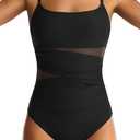 One Piece Swimsuit for Women Tummy Control Mesh Bathing Suits Sexy Push Up Swimsuits Slimming Square Neck Swimwear (Black, XXL)