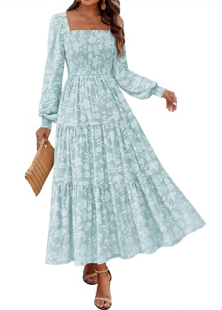KIRUNDO Wedding Guest Dresses for Women Long Sleeve Smocked Floral Flowy A Line Boho Maxi Dress Fall Clothes(Light Blue, Large)