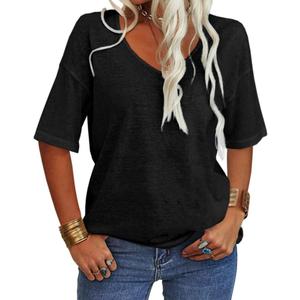 Danedvi Women Fashion V-Neck Half Sleeves Oversized T Shirt Solid Casual Loose Basic Tops (X-Large, Black)