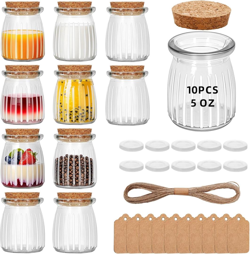 20Pcs 5oz Stripes Small Glass Jars with Cork Lids, Empty Candle Jars for Making Candles, Yogurt Container with PE Lids for Wedding Favors, Gift Jar, Baby Shower, Candy, Spices, with Twine, Labels (20)