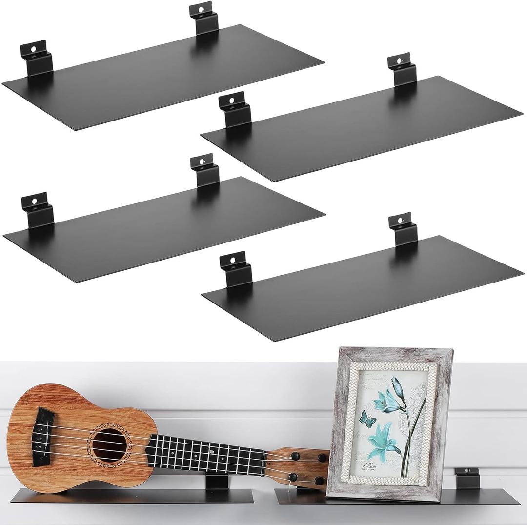 LEIFIDE 4 Pcs Metal Slatwall Shelves, 12 x 7 Inch Hanging Slat Wall Shelf Accessories, Heavy Duty Slatwall Panel Organizer Board for Shoes Display Retail Garage Office Boutiques Supplies (Black)