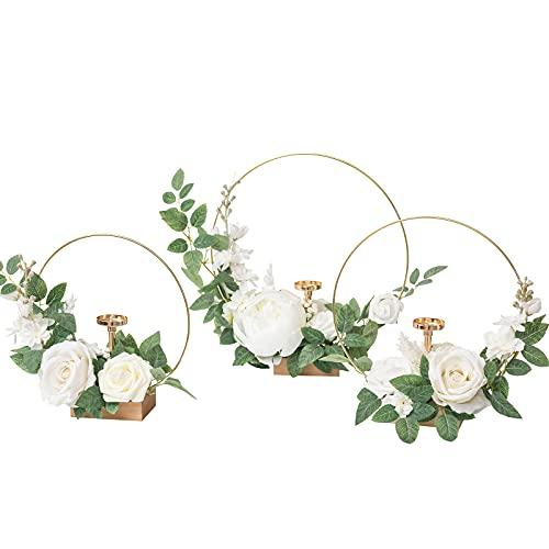 Ling's Moment Candle Holder Hoop Wreath Floral Centerpieces for Sweetheart Table, Head Table, Ceremony Reception Artificial Flowers Decorations (Set of 3, White)