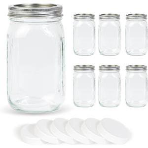 6 Pack 32 oz Clear Wide Mouth Mason Jars with Airtight Lids and White Plastic Mason Jar Lids, Canning Jars (Clear)
