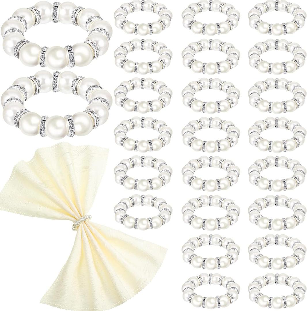24 Pcs Silver Pearl Napkin Rings - Beaded Weddings Serviette Rings for Dinner Reception Party Banquet Table Decor