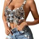 Women Sparkly Sequins Silver Chest Chain Bra Metallic Halter Backless Cami Crop Top Bikini Hollow Out Sexy Body Accessory for Women Rave Clubwear