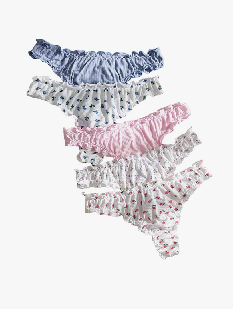 Women's 5pack Cute Panties Floral Print Low Rise Frilly Panties Coquette Underwear Set, Size M
